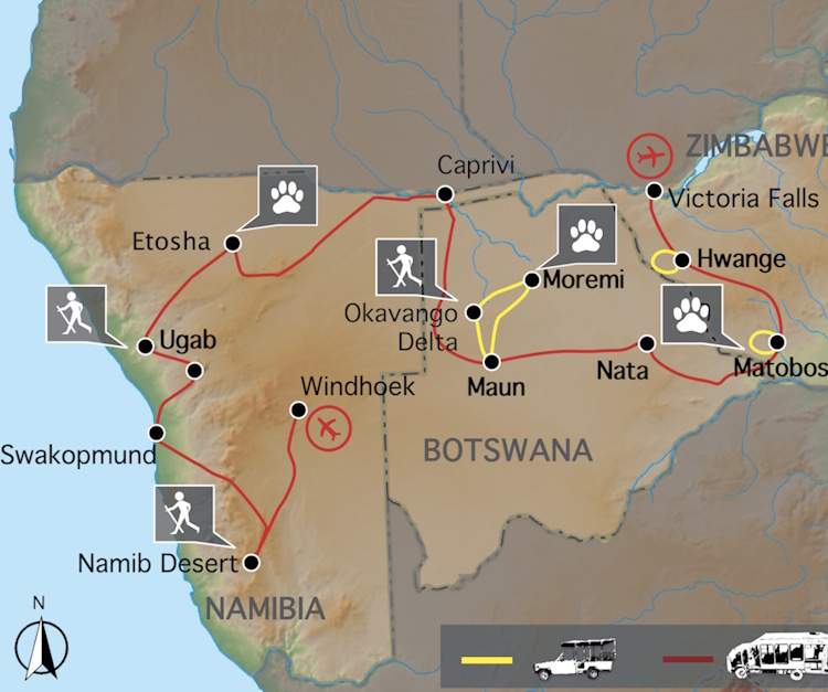 groepsreis door Namibie Botswana Zimbabwe Van Duinen tot Watervallen kaart