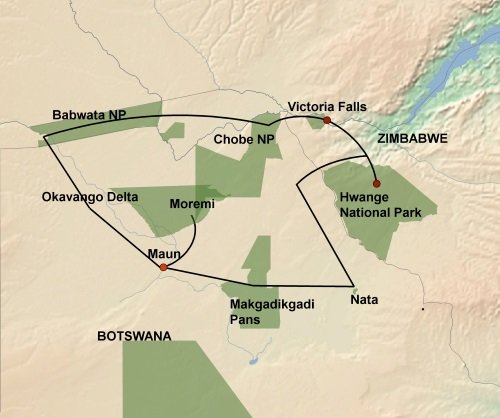 Klik op de afbeelding voor een vergroting De Wildernis van Botswana & Zimbabwe kaart