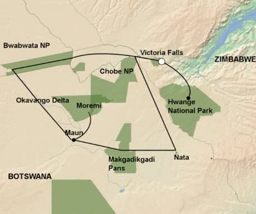 Klik op de afbeelding voor een vergroting Groepsreis Zuidelijk Afrika De Wildernis van Botswana en Zimbabwe
