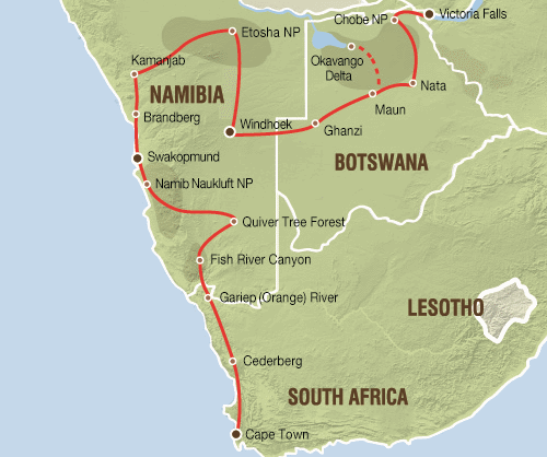 Klik op de afbeelding voor een vergroting groepsreis zuidelijke Afrika Comfortabele lodgesafari van Kaapstad naar Victoria Falls