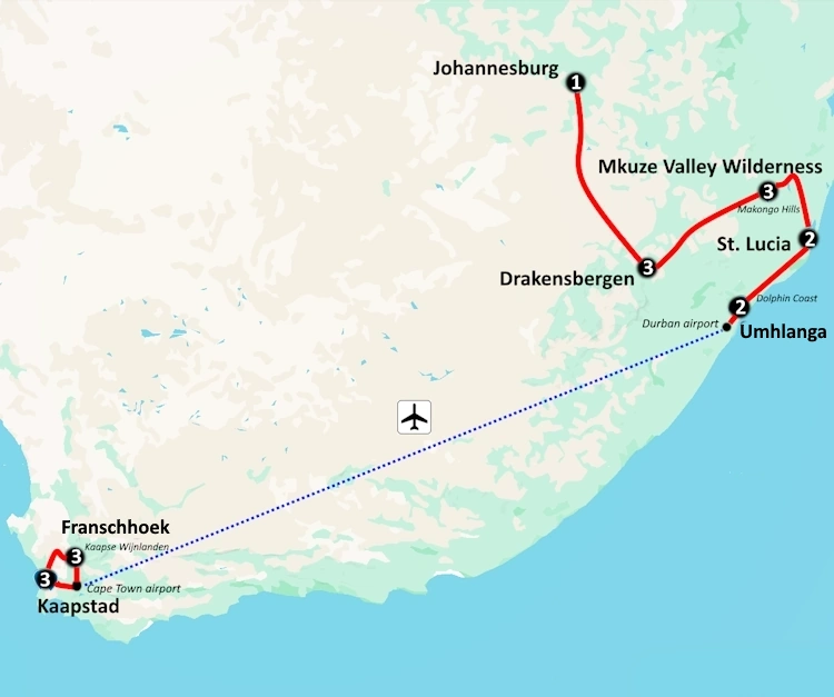 Kaart autoreis Zuid-Afrika Van Safari tot de Kaapse Wijnlanden 003.webp