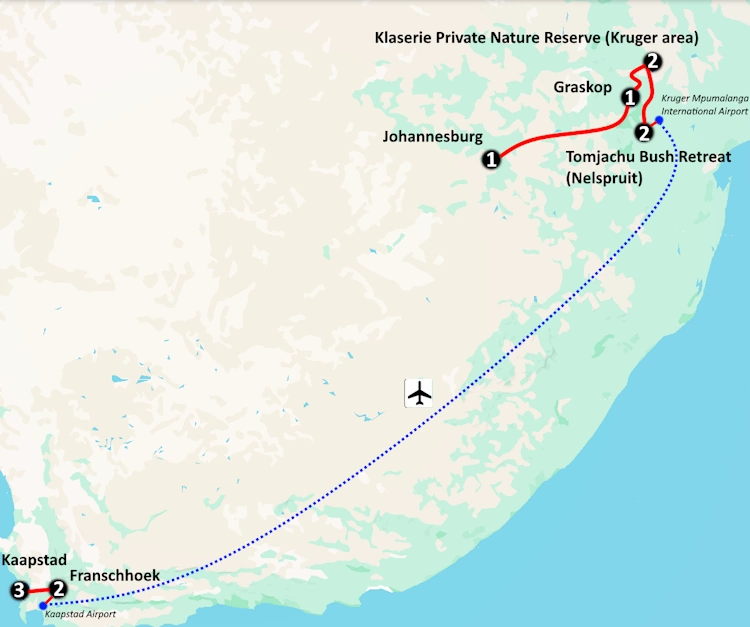 Autoreis Zuid-Afrika Bush Wijn Kaapstad kaartje.webp