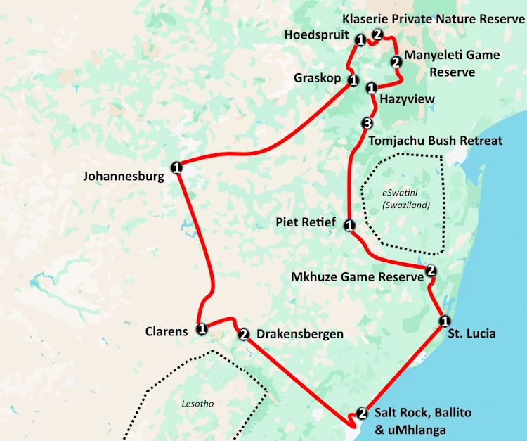 Kaartje autoreis Zuid-Afrika Van Kruger tot Drakensbergen 003.webp
