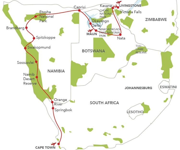 Groepsreis Op avontuur door Zuid-Afrika, Namibië, Botswana & Victoria watervallen kaartje.webp