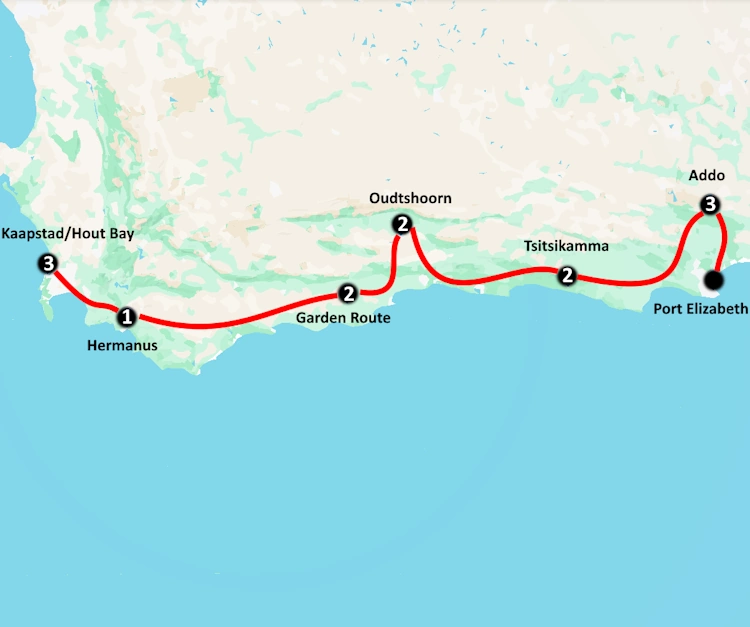 Kaartje Zuid-Afrika Autoreis Garden Route gezinsreis.webp