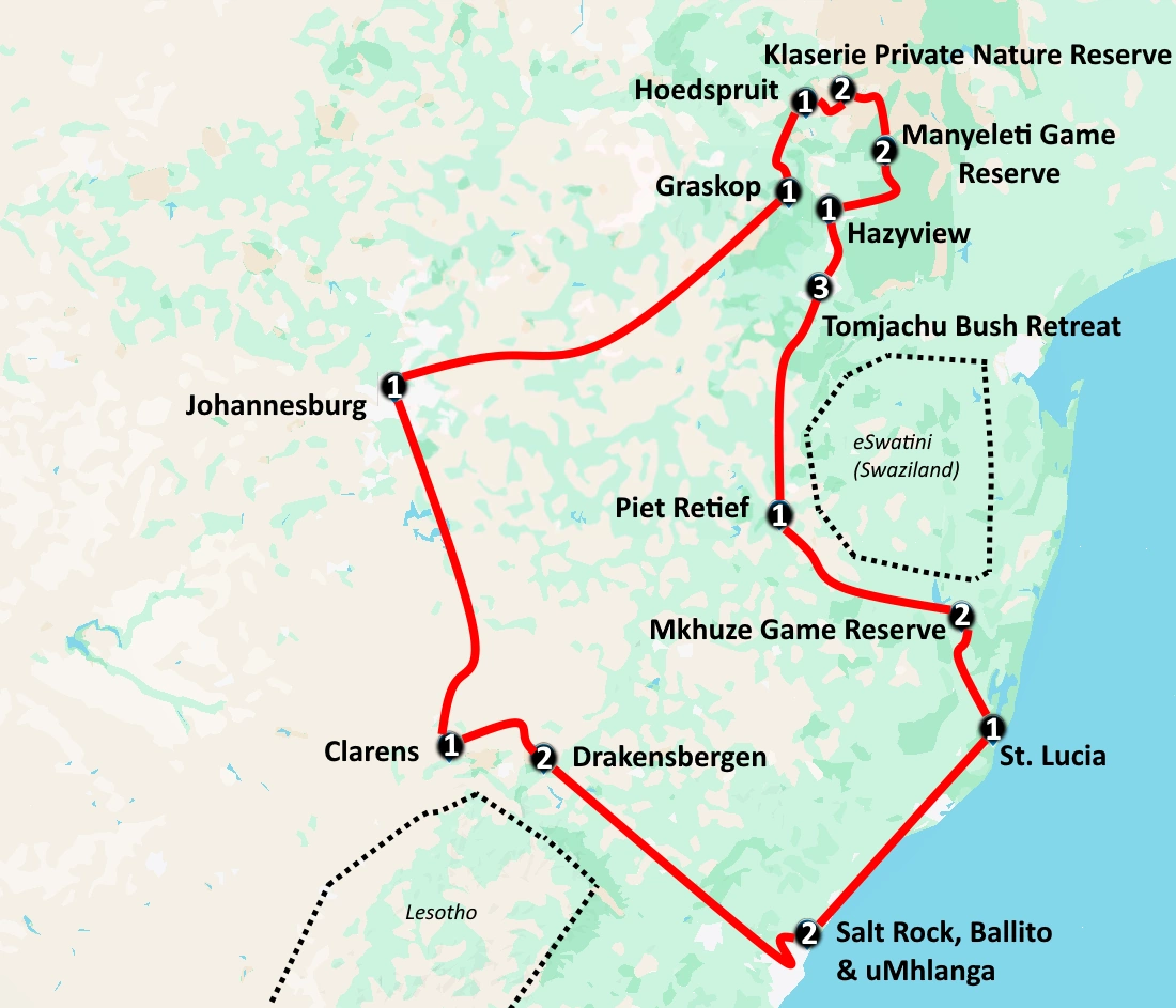 Kaartje autoreis Zuid-Afrika Van Kruger tot Drakensbergen 002.webp