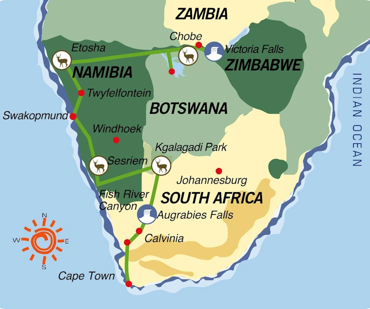 Groepsreis Zuidelijk Afrika TransKalahari Avontuur Cape to Vic kaartje.webp