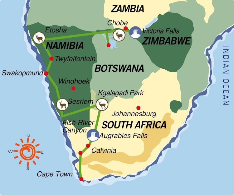 Groepsreis Zuidelijk Afrika TransKalahari Avontuur Cape to Vic kaartje 002.jpg